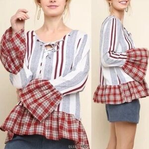 Umgee Striped Plaid Bell Sleeve Lace Up Top Large Relaxed Casual Contrast Farm